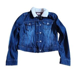 LEI Denim Blue Jean Jacket Junior Size M Y2K Sherpa Collar Flannel Accent